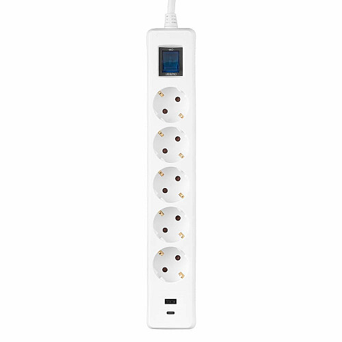 Подовжувач мережевий 2E 3м, 5xТипF, 16A, 1xUSB-A,1xUSB-C, фільтр, білий