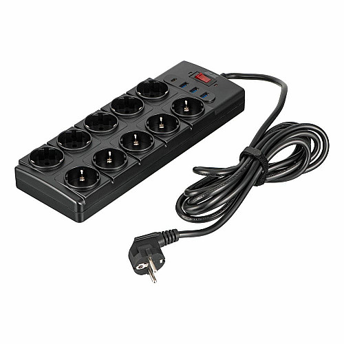 Подовжувач мережевий 2E 3м, 10xТипF, 16A, 3xUSB-A, 1xUSB-C, фільтр, чорний