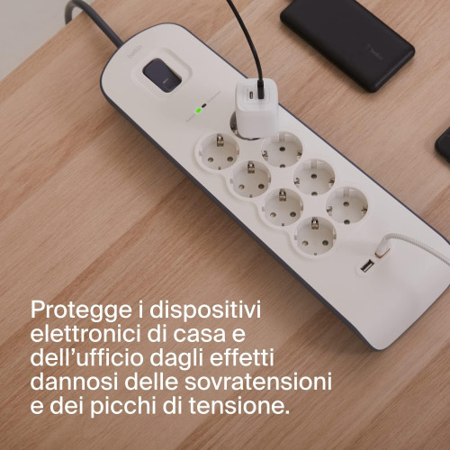 Подовжувач мережевий Belkin 2м, 8хТипF, 16А, 2xUSB-A 2.4A, фільтр, білий