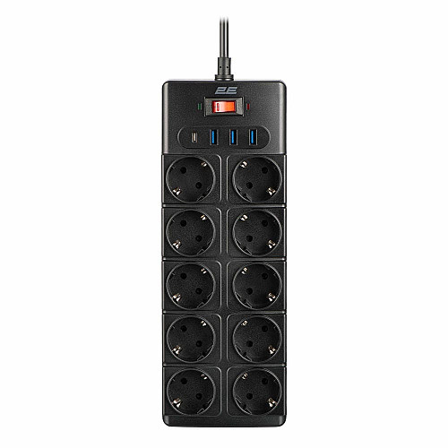 Подовжувач мережевий 2E 3м, 10xТипF, 16A, 3xUSB-A, 1xUSB-C, фільтр, чорний