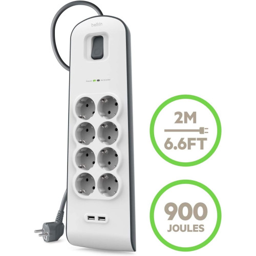 Подовжувач мережевий Belkin 2м, 8хТипF, 16А, 2xUSB-A 2.4A, фільтр, білий