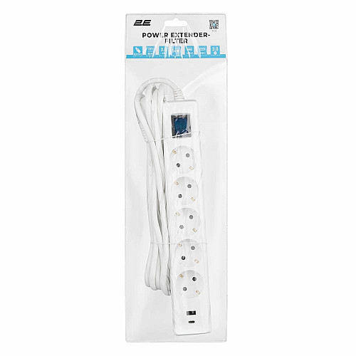 Подовжувач мережевий 2E 3м, 5xТипF, 16A, 1xUSB-A,1xUSB-C, фільтр, білий