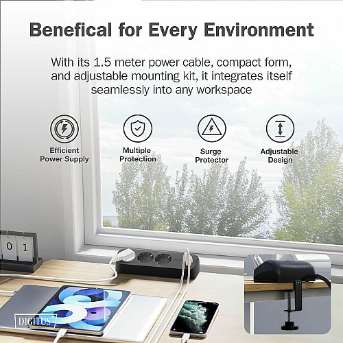 Блок розеток DIGITUS Office, 3xSchuko, 2xUSB-A, 1xUSB-C, 16A, 1.5м, вилка Schuko, черный