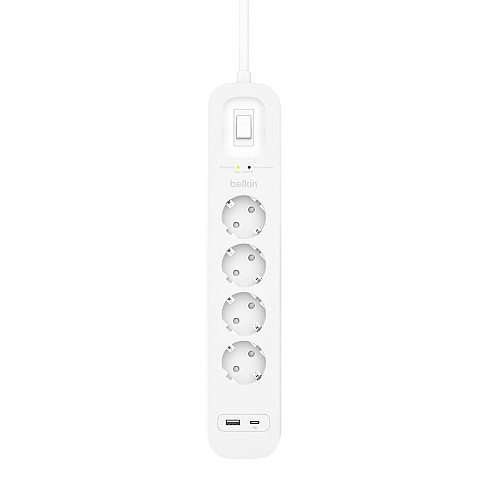 Подовжувач мережевий Belkin 2м, 4хТип, 16А, USB-A/USB-C 18Вт, фільтр, білий
