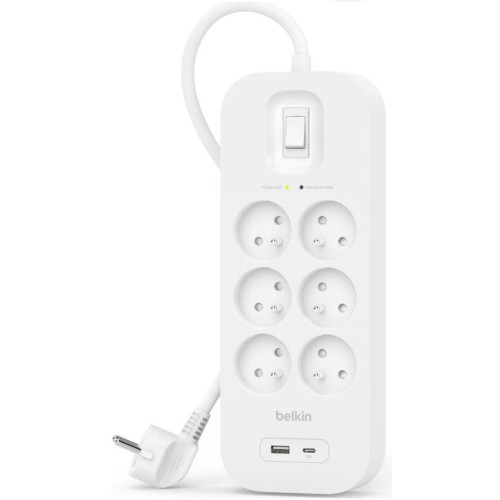 Подовжувач мережевий Belkin 2м, 6хТипE, 16А, USB-A/USB-C 18Вт, фільтр, білий