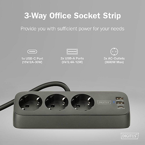 Блок розеток DIGITUS Office, 3xSchuko, 2xUSB-A, 1xUSB-C, 16A, 1.5м, вилка Schuko, черный