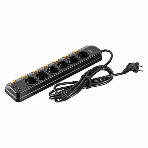Удлинитель сетевой 2E 3м, 6xТипF, 16A, 2xUSB-A, 1x USB-C фильтр, черный