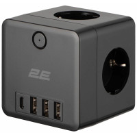 Адаптер мережевий 2E 3xТипF, 16A, 2xUSB-A, 1x USB-C фільтр, чорний