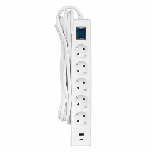 Подовжувач мережевий 2E 3м, 5xТипF, 16A, 1xUSB-A,1xUSB-C, фільтр, білий
