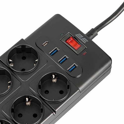 Подовжувач мережевий 2E 3м, 10xТипF, 16A, 3xUSB-A, 1xUSB-C, фільтр, чорний