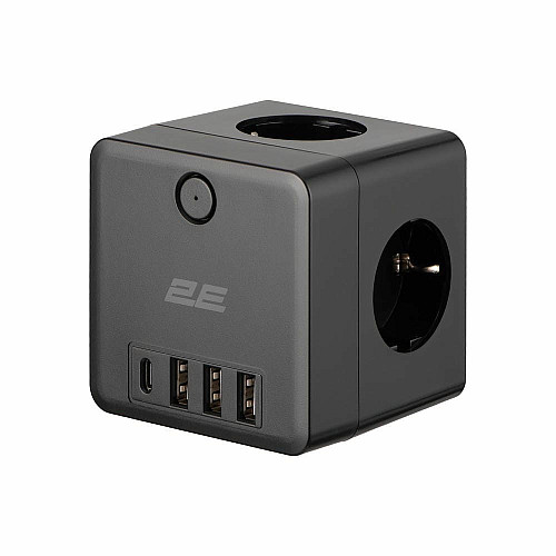 Адаптер мережевий 2E 3xТипF, 16A, 2xUSB-A, 1x USB-C фільтр, чорний