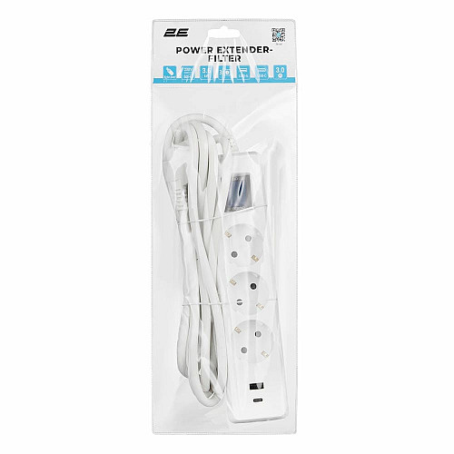 Подовжувач мережевий 2E 3м, 3xТипF, 16A, 1xUSB-A,1xUSB-C, фільтр, білий