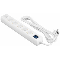 Удлинитель сетевой 2E 3м, 5xТипF, 16A, 1xUSB-A, 1xUSB-C, фильтр, белый
