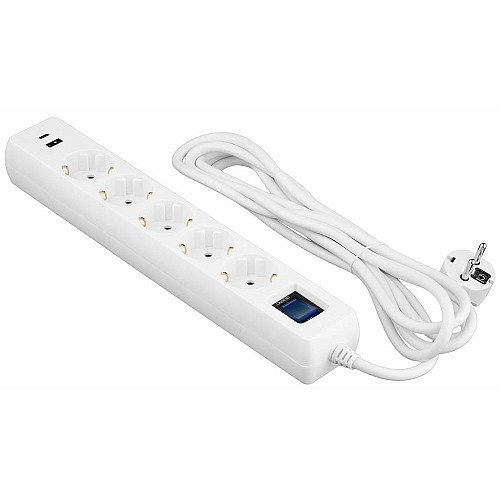 Подовжувач мережевий 2E 3м, 5xТипF, 16A, 1xUSB-A,1xUSB-C, фільтр, білий