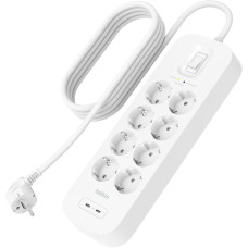 Подовжувач мережевий Belkin 2м, 8хТипF, 16А, USB-С/USB-C 30Вт, фільтр, білий