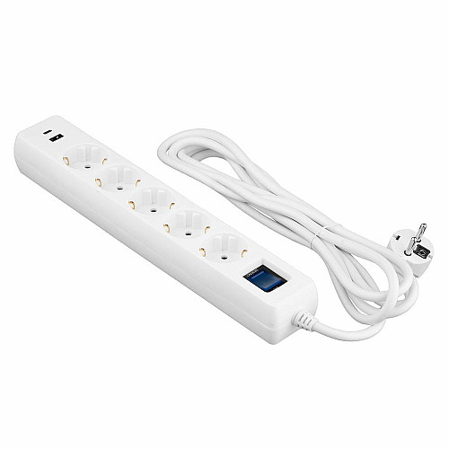 Подовжувач мережевий 2E 3м, 5xТипF, 16A, 1xUSB-A,1xUSB-C, фільтр, білий