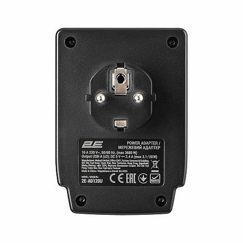 Адаптер мережевий 2E 1xТипF, 16A, 2*USB-A, фільтр, чорний