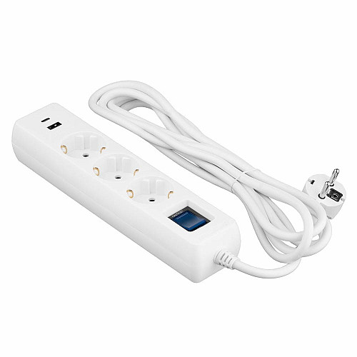 Подовжувач мережевий 2E 3м, 3xТипF, 16A, 1xUSB-A,1xUSB-C, фільтр, білий