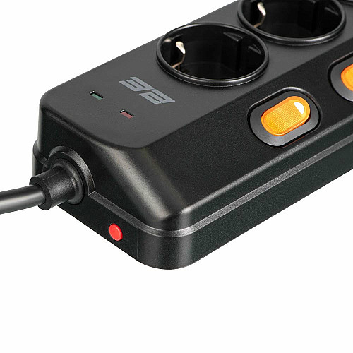 Удлинитель сетевой 2E 3м, 6xТипF, 16A, 2xUSB-A, 1x USB-C фильтр, черный