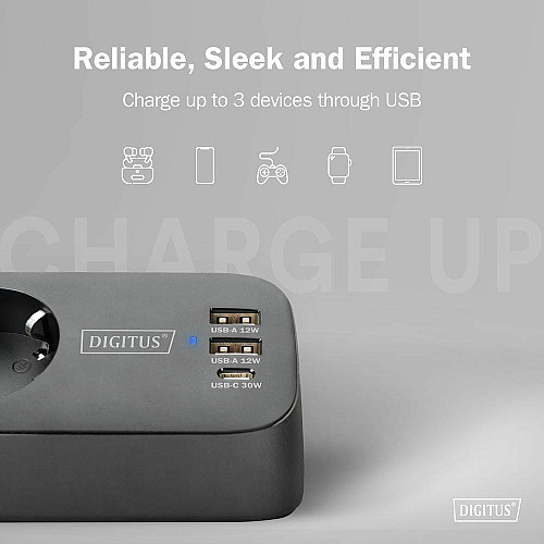 Блок розеток DIGITUS Office, 3xSchuko, 2xUSB-A, 1xUSB-C, 16A, 1.5м, вилка Schuko, черный