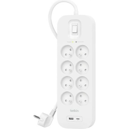 Подовжувач мережевий Belkin 2м, 8хТипE, 16А, USB-A/USB-C 18Вт, фільтр, білий