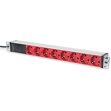 Пристрій розподілу електроживлення DIGITUS 1U, 8xSchuko red, 10A, 250V, запобіжник, вилка C14