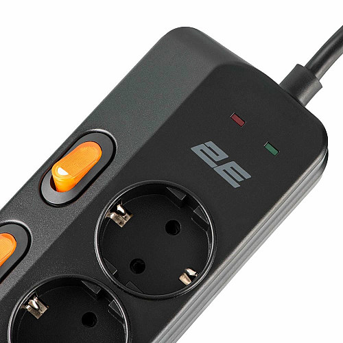 Удлинитель сетевой 2E 3м, 6xТипF, 16A, 2xUSB-A, 1x USB-C фильтр, черный