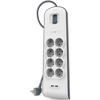 Подовжувач мережевий Belkin 2м, 8хТипF, 16А, 2xUSB-A 2.4A, фільтр, білий