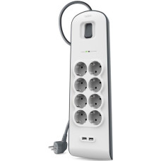 Подовжувач мережевий Belkin 2м, 8хТипF, 16А, 2xUSB-A 2.4A, фільтр, білий