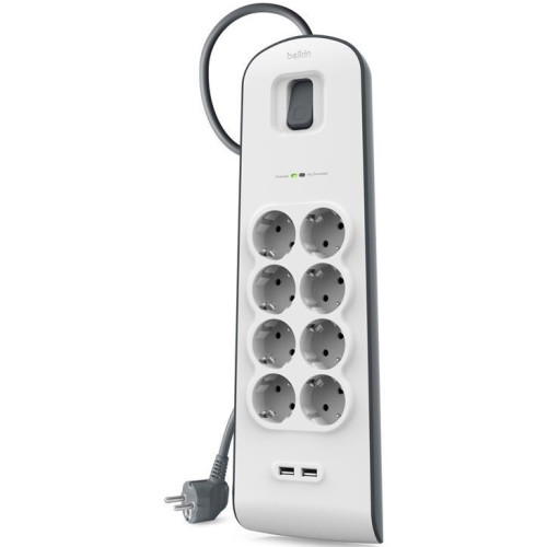 Подовжувач мережевий Belkin 2м, 8хТипF, 16А, 2xUSB-A 2.4A, фільтр, білий