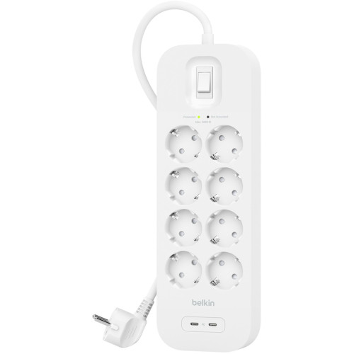 Подовжувач мережевий Belkin 2м, 8хТипF, 16А, USB-С/USB-C 30Вт, фільтр, білий