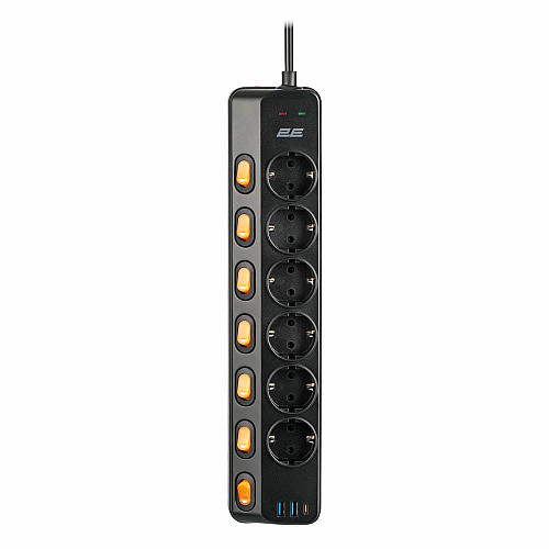 Удлинитель сетевой 2E 3м, 6xТипF, 16A, 2xUSB-A, 1x USB-C фильтр, черный