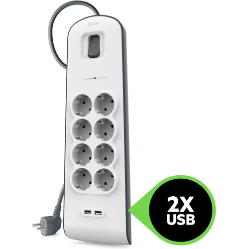 Подовжувач мережевий Belkin 2м, 8хТипF, 16А, 2xUSB-A 2.4A, фільтр, білий