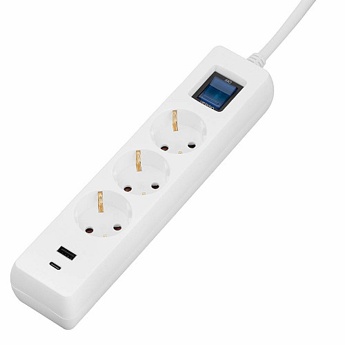 Подовжувач мережевий 2E 3м, 3xТипF, 16A, 1xUSB-A,1xUSB-C, фільтр, білий