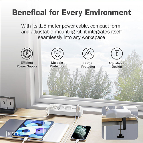 Блок розеток DIGITUS Office, 3xSchuko, 2xUSB-A, 1xUSB-C, 16A, 1.5м, вилка Schuko, білий