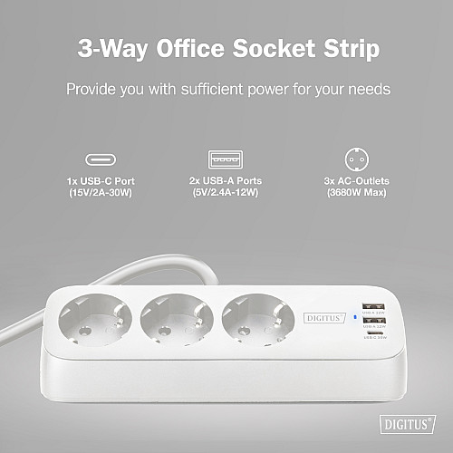 Блок розеток DIGITUS Office, 3xSchuko, 2xUSB-A, 1xUSB-C, 16A, 1.5м, вилка Schuko, білий