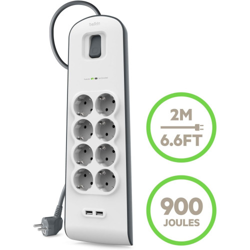 Подовжувач мережевий Belkin 2м, 8хТипF, 16А, 2xUSB-A 2.4A, фільтр, білий