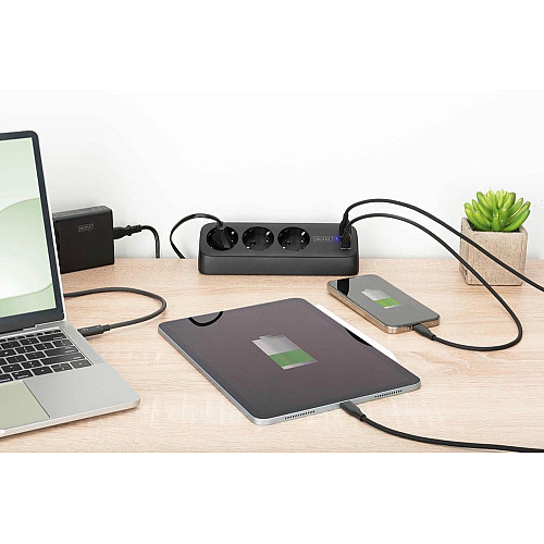 Блок розеток DIGITUS Office, 3xSchuko, 2xUSB-A, 1xUSB-C, 16A, 1.5м, вилка Schuko, черный