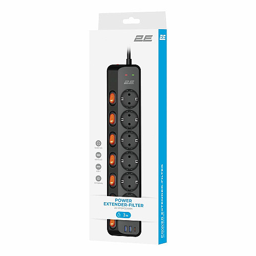 Удлинитель сетевой 2E 3м, 6xТипF, 16A, 2xUSB-A, 1x USB-C фильтр, черный