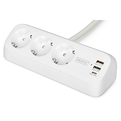 Блок розеток DIGITUS Office, 3xSchuko, 2xUSB-A, 1xUSB-C, 16A, 1.5м, вилка Schuko, білий