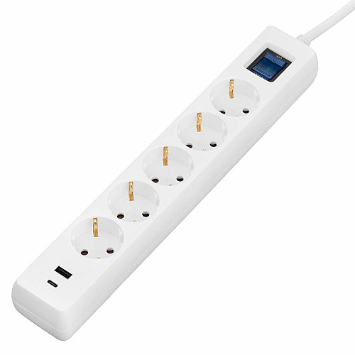 Подовжувач мережевий 2E 3м, 5xТипF, 16A, 1xUSB-A,1xUSB-C, фільтр, білий