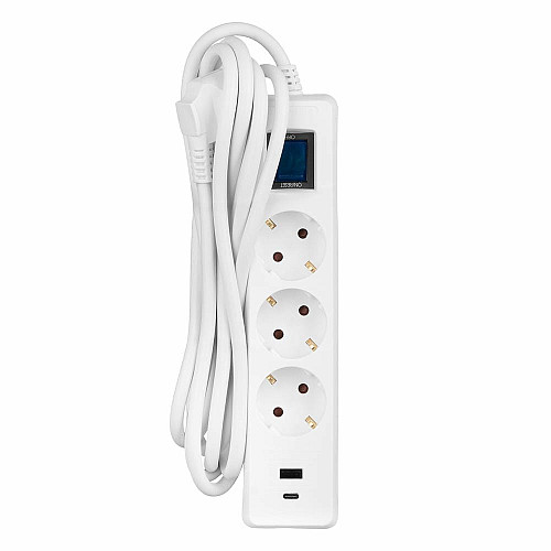 Подовжувач мережевий 2E 3м, 3xТипF, 16A, 1xUSB-A,1xUSB-C, фільтр, білий
