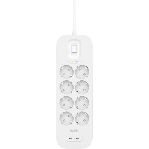 Подовжувач мережевий Belkin 2м, 8хТипF, 16А, USB-С/USB-C 30Вт, фільтр, білий