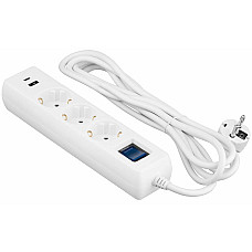 Подовжувач мережевий 2E 3м, 3xТипF, 16A, 1xUSB-A,1xUSB-C, фільтр, білий