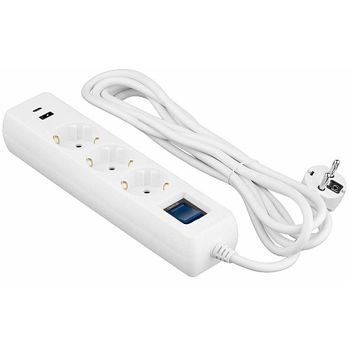 Подовжувач мережевий 2E 3м, 3xТипF, 16A, 1xUSB-A,1xUSB-C, фільтр, білий