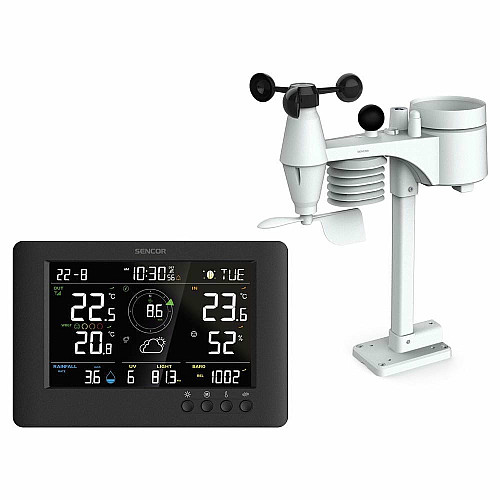 Метеостанция Sencor, внутр/наруж измерения, от сети/CR2032x1+AAx3, темп-ра, влажность, время, прогноз погоды, атмосферное давление, шв. ветра, черный