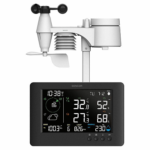 Метеостанция Sencor, внутр/наруж измерения, от сети/CR2032x1+AAx3, темп-ра, влажность, время, прогноз погоды, атмосферное давление, шв. ветра, подкл. до WIFI, черный
