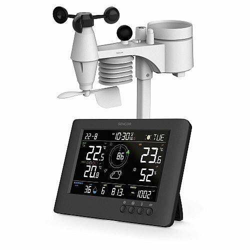Метеостанция Sencor, внутр/наруж измерения, от сети/CR2032x1+AAx3, темп-ра, влажность, время, прогноз погоды, атмосферное давление, шв. ветра, черный