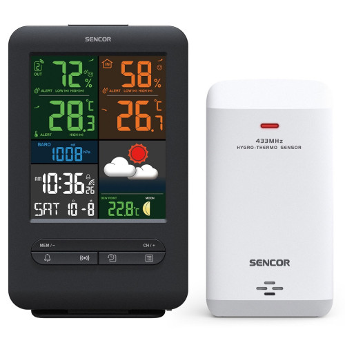 Метеостанція Sencor, внутр/зовн вимірювання, від мережі/CR2032х1+AAx2, темп-ра, вологість, час, прогноз погоди, атмосферний тиск, чорний