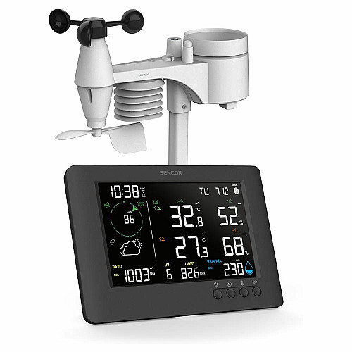 Метеостанция Sencor, внутр/наруж измерения, от сети/CR2032x1+AAx3, темп-ра, влажность, время, прогноз погоды, атмосферное давление, шв. ветра, подкл. до WIFI, черный